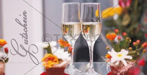 Wertgutschein mit Sektglas und Blumen "100 €" 120GR-restaurant