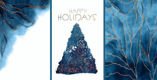 abstrakte, geschäftliche Weihnachtskarte in Blau, Weiß & Gold mit Spruch auf Englisch (105)