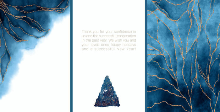 abstrakte, geschäftliche Weihnachtskarte in Blau, Weiß & Gold mit Spruch auf Englisch (105)